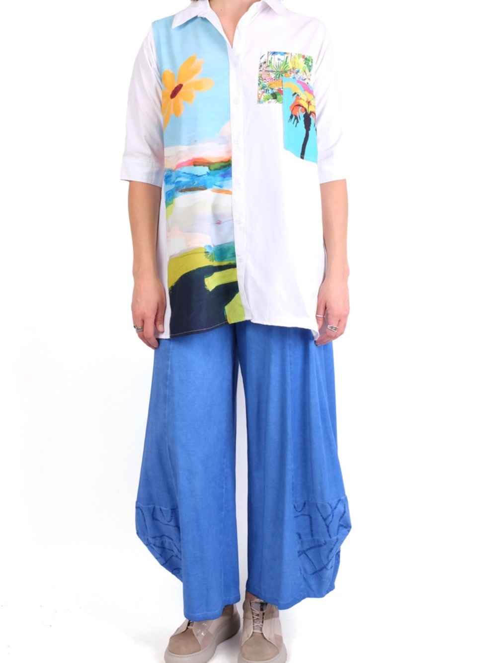 White Button Shirt with Colorful Tropical Panel & Pocket